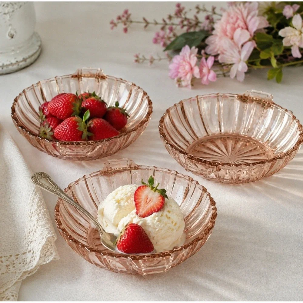 Anchor Hocking Fortune Pink Depression Glass Handled Nappy Bowls Set of 3